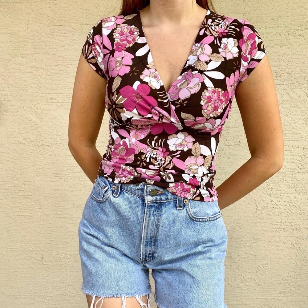 Vintage Y2k Pink and Brown Babydoll Floral Top